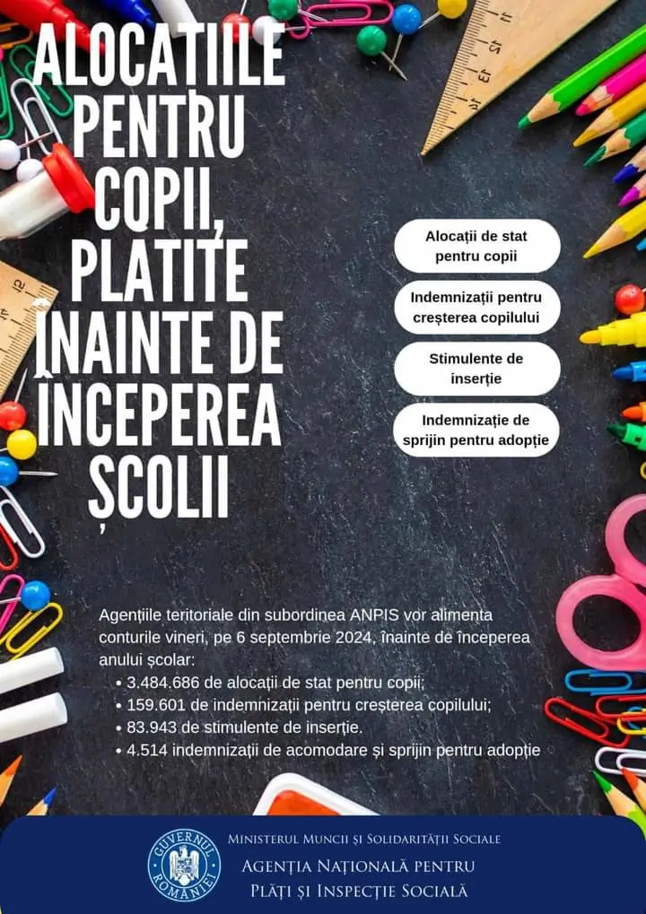 Alocațiile și indemnizațiile pentru copii vor fi plătite înainte de începerea școlii