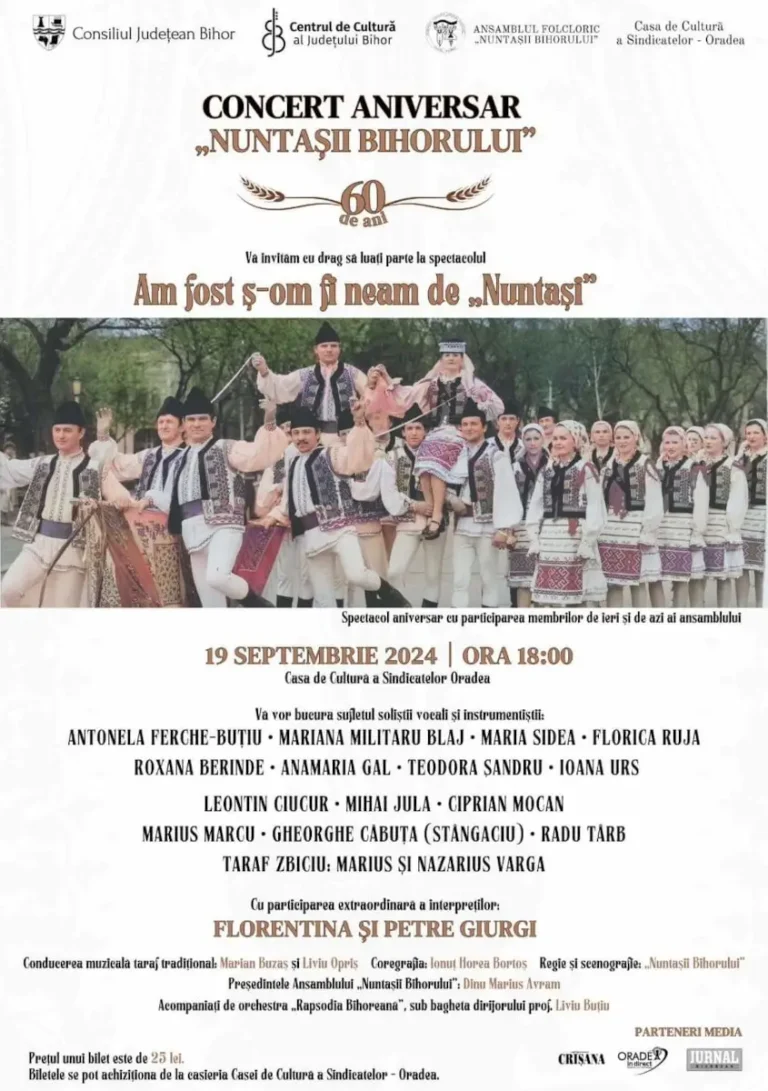 „Nuntașii Bihorului” sărbătoresc 60 de ani de tradiție și frumusețe folclorică. Spectacol aniversar la Casa de Cultură a Sindicatelor Oradea