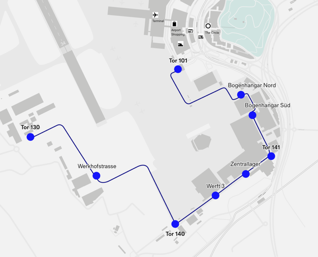 Ruta deservită de autobuze autonome pe aeroportul din Zurich / Sursă: flughafen-zuerich.ch