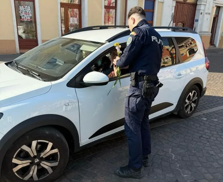 Femeile, sărbătorite de polițiștii bihoreni cu flori și mesaje preventive, de 8 Martie