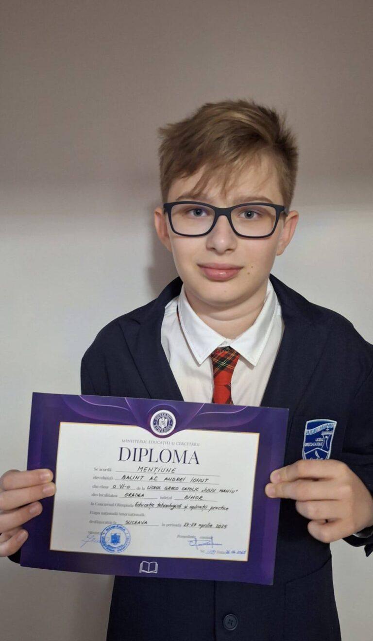 Andrei Balint, un elev de excepție. A obținut mențiune la Olimpiada Națională de Educație Tehnologică și Aplicații Practice