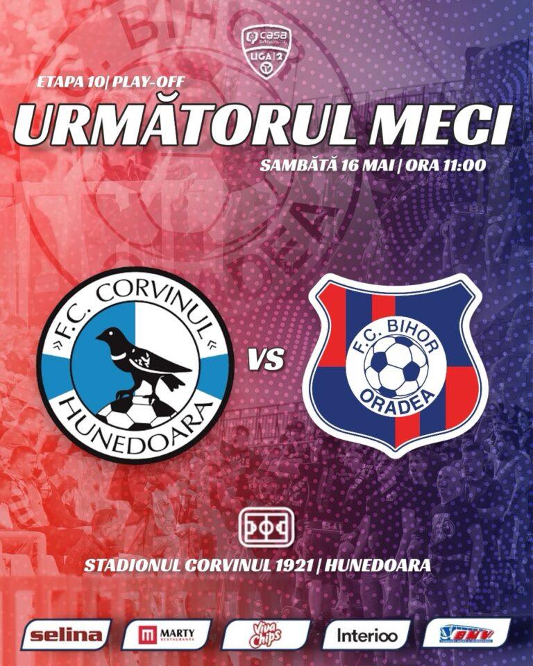 Ultimul test din play-off pentru FC Bihor. Duel cu liderul Corvinul la Hunedoara