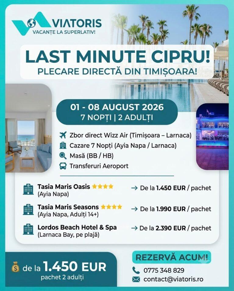 Oferte last minute pentru Cipru. Sejururi de la 1.450 de euro pentru două persoane, cu plecare din Timișoara